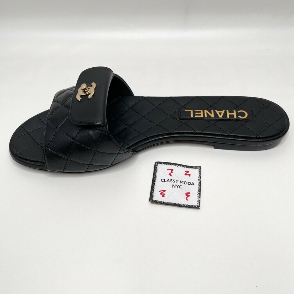 Chanel NIB Black Slides Turnlock Gold CC Logo Quilted Slide Flat Flop Sandals - Picture 7 of 12